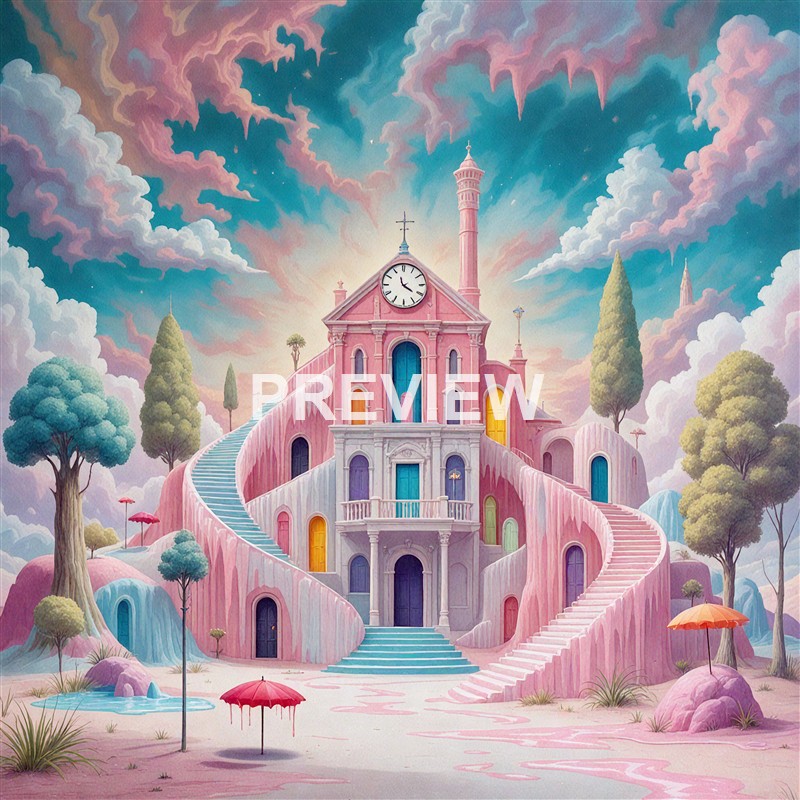 A whimsical, pastel-colored castle with winding staircases, surrounded by trees and umbrellas, under a dramatic sky with pink and blue clouds.